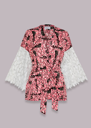 Theme Song in Flamingo Short Kimono Jacket with Lace 3