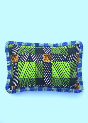 Green & Blue Ankara Print Cushion Cover with Fringe
