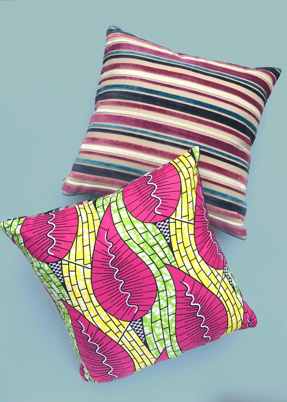 Pink & yellow Ankara Stripe Remix cushion cover
