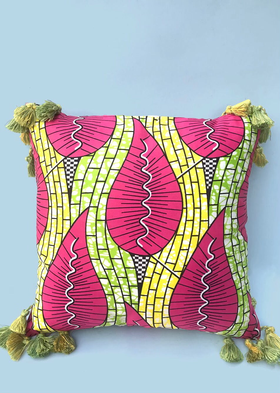 Pink & yellow Ankara mix fabric cushion cover with tassels