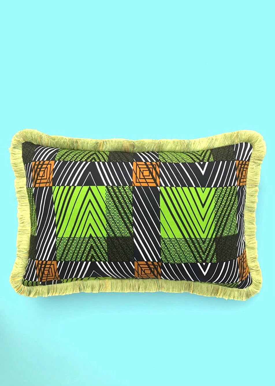 Green & Blue Ankara Print Cushion Cover with Fringe